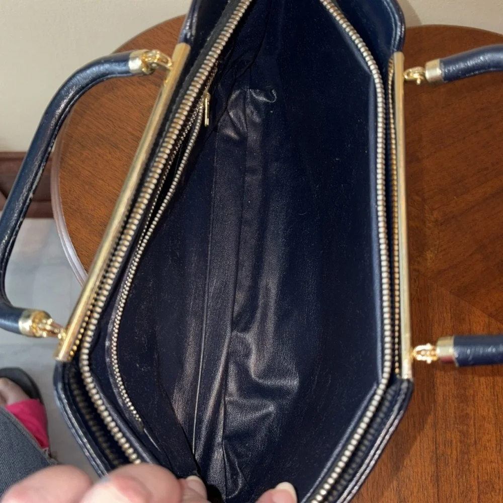 Vintage leather satchel  Crossbody bag  Navy blue  gold tone accents added chain